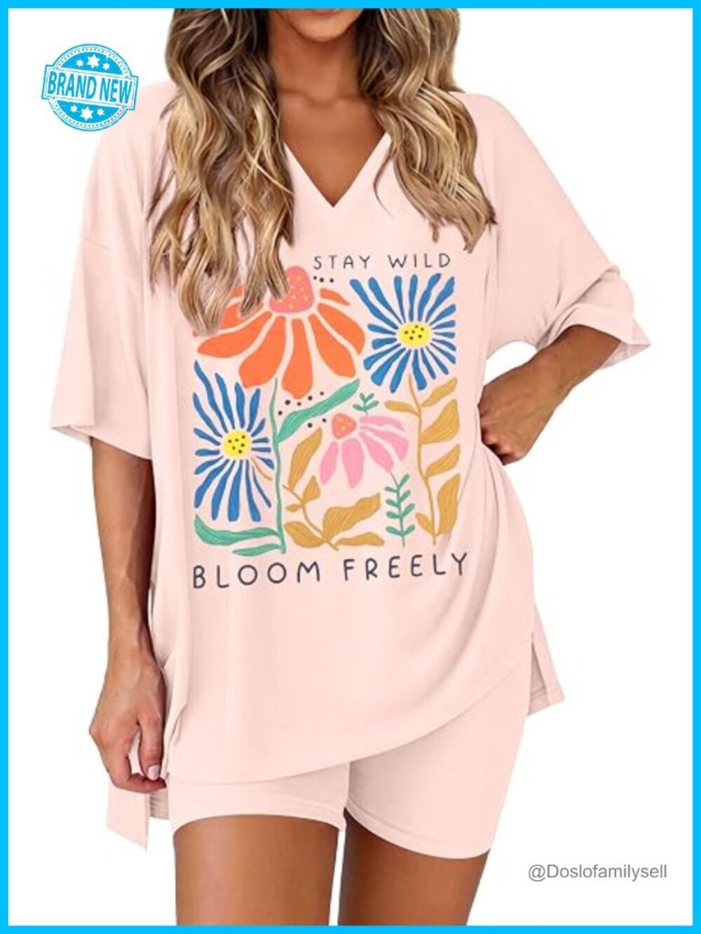 Graphic 2 Piece T-Shirt Set Bloom Freely Oversized Tee and Bike Shorts